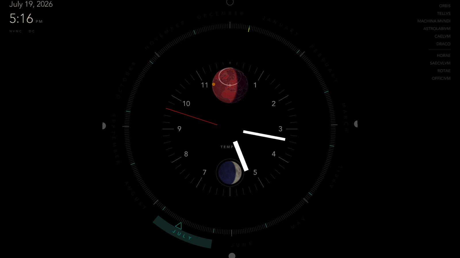 Tempus showing the hour, with the earth and moon on the dial