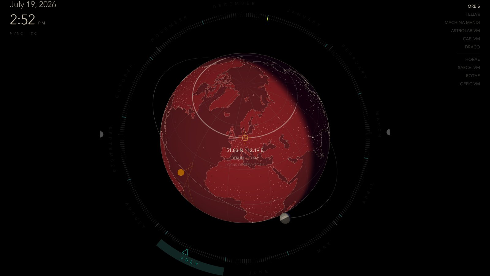 Tempus showing the earth from above, the day and night line crossing it